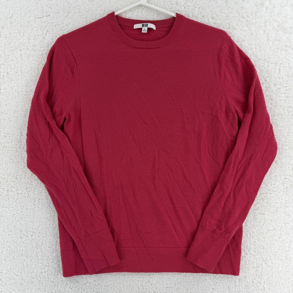 Uniqlo Sweater Womens Medium Pink 100% Wool Crewneck Knit Pullover Lightweight